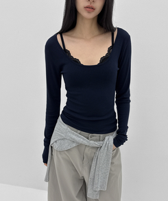 Uネックレイヤード長袖Tシャツ NAVY