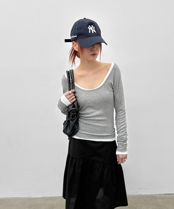 Uネックレイヤード長袖Tシャツ MELANGE GRAY