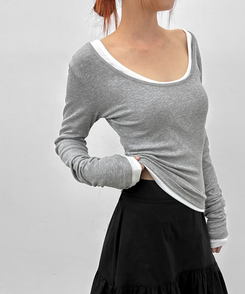 Uネックレイヤード長袖Tシャツ MELANGE GRAY