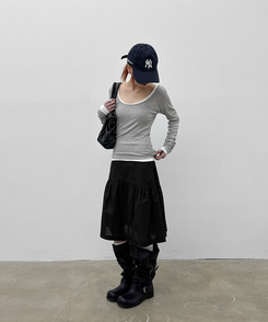 Uネックレイヤード長袖Tシャツ MELANGE GRAY