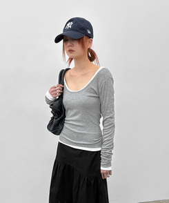 Uネックレイヤード長袖Tシャツ MELANGE GRAY