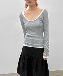 Uネックレイヤード長袖Tシャツ MELANGE GRAY