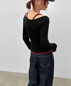 Uネックレイヤード長袖Tシャツ BLACK