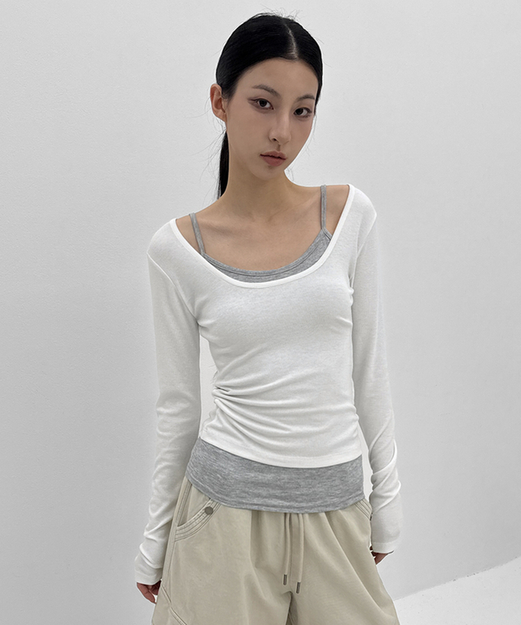 Uネックレイヤード長袖Tシャツ IVORY