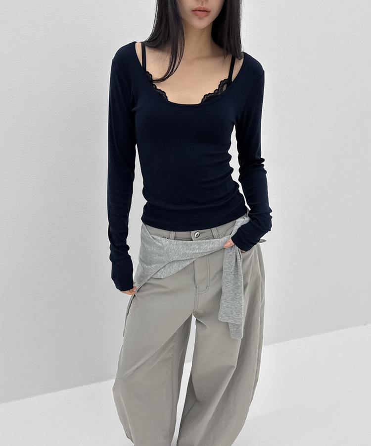 Uネックレイヤード長袖Tシャツ NAVY