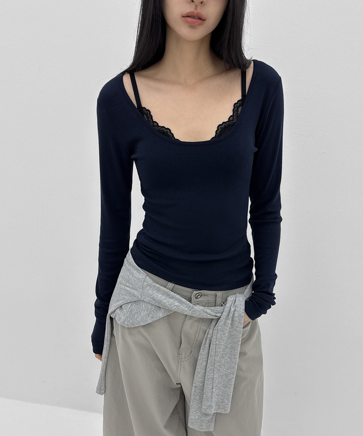 Uネックレイヤード長袖Tシャツ NAVY