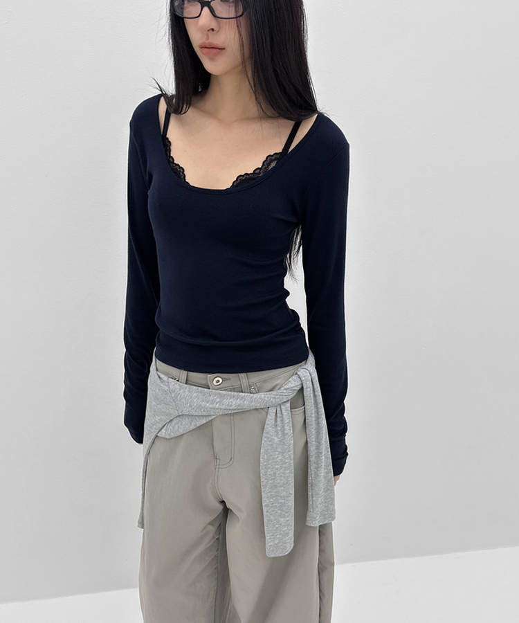 Uネックレイヤード長袖Tシャツ NAVY