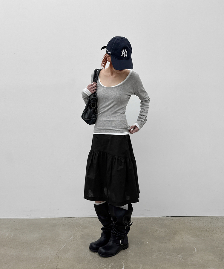 Uネックレイヤード長袖Tシャツ MELANGE GRAY