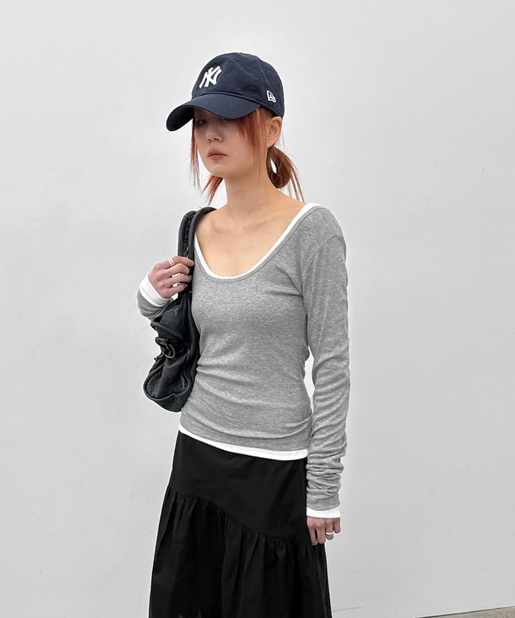 Uネックレイヤード長袖Tシャツ MELANGE GRAY