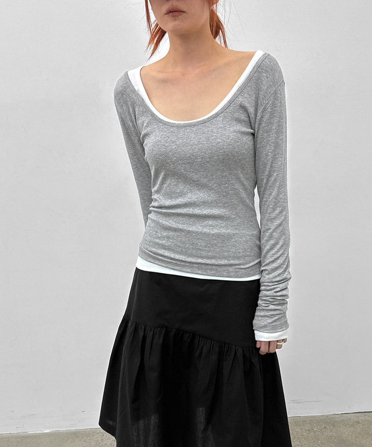 Uネックレイヤード長袖Tシャツ MELANGE GRAY