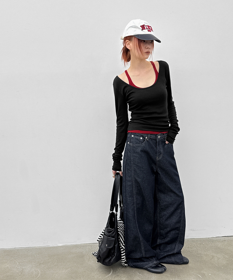 Uネックレイヤード長袖Tシャツ BLACK