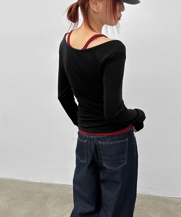 Uネックレイヤード長袖Tシャツ BLACK