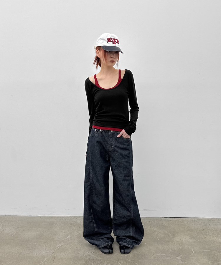 Uネックレイヤード長袖Tシャツ BLACK