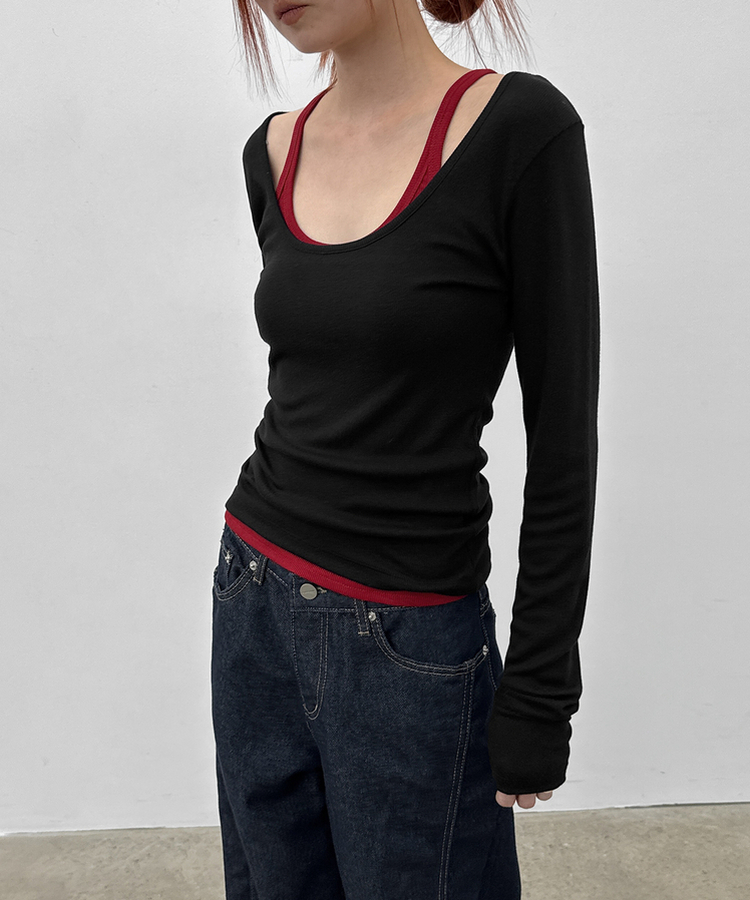 Uネックレイヤード長袖Tシャツ BLACK