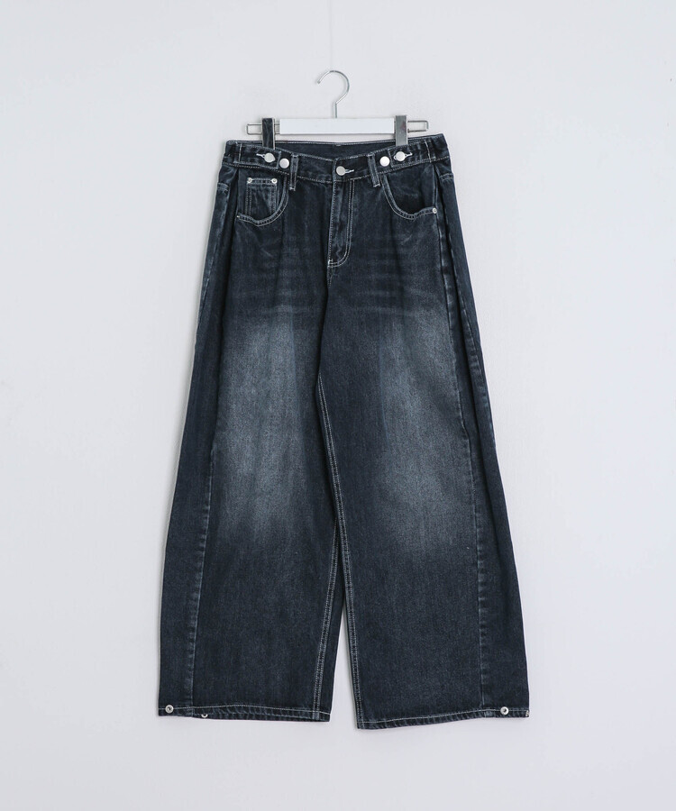 허리 비죠 핀턱 벌룬 데님 팬츠