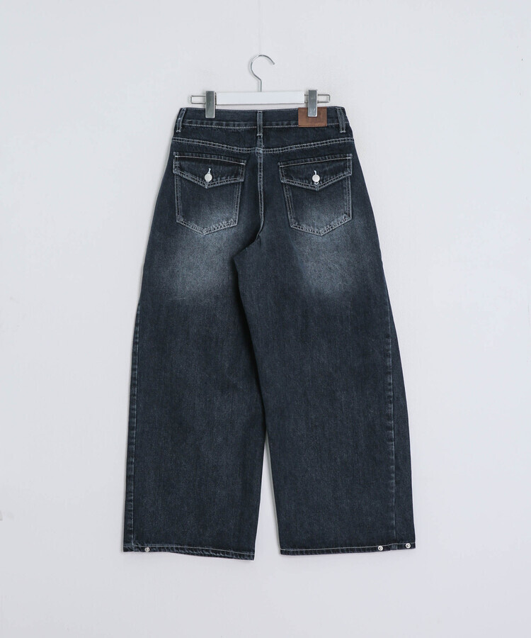 허리 비죠 핀턱 벌룬 데님 팬츠