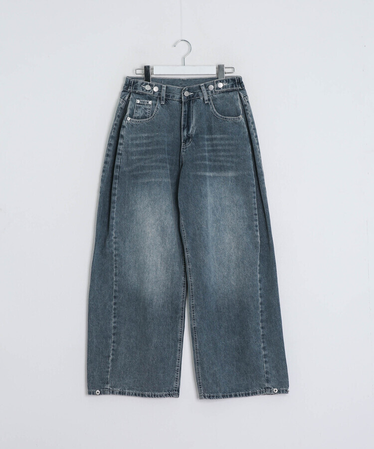 허리 비죠 핀턱 벌룬 데님 팬츠