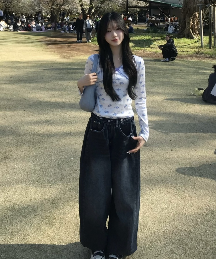 허리 비죠 핀턱 벌룬 데님 팬츠 진청