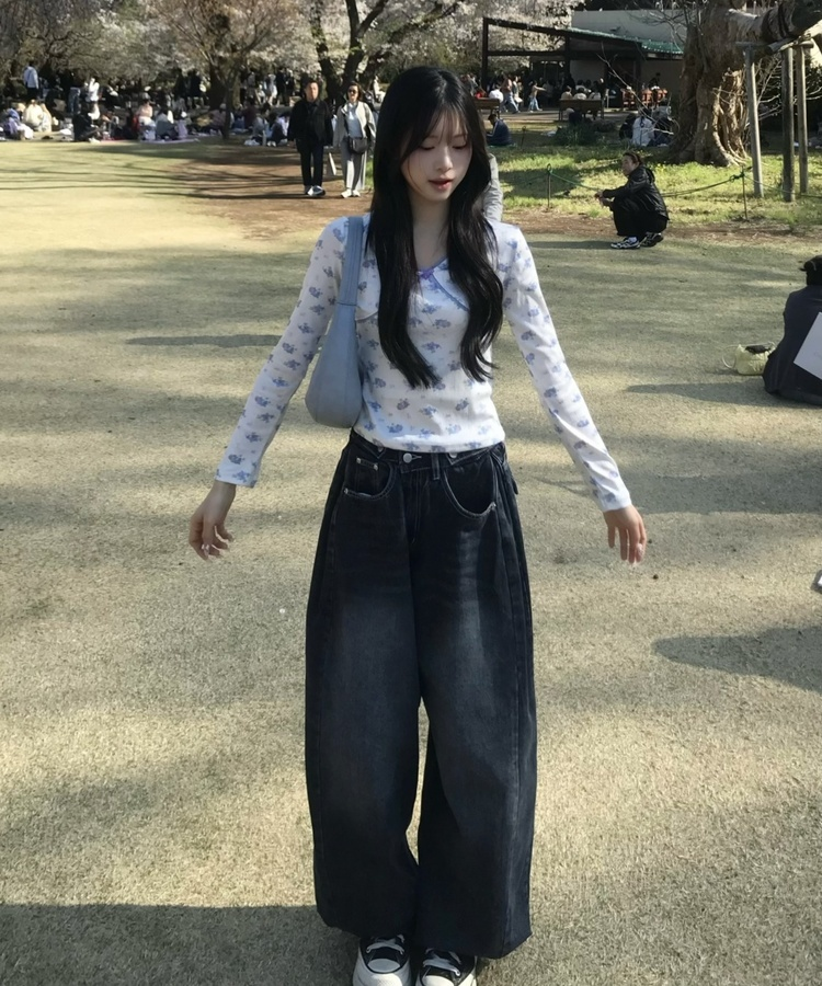 허리 비죠 핀턱 벌룬 데님 팬츠 진청