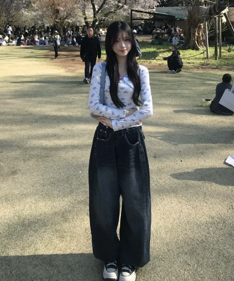 허리 비죠 핀턱 벌룬 데님 팬츠 진청