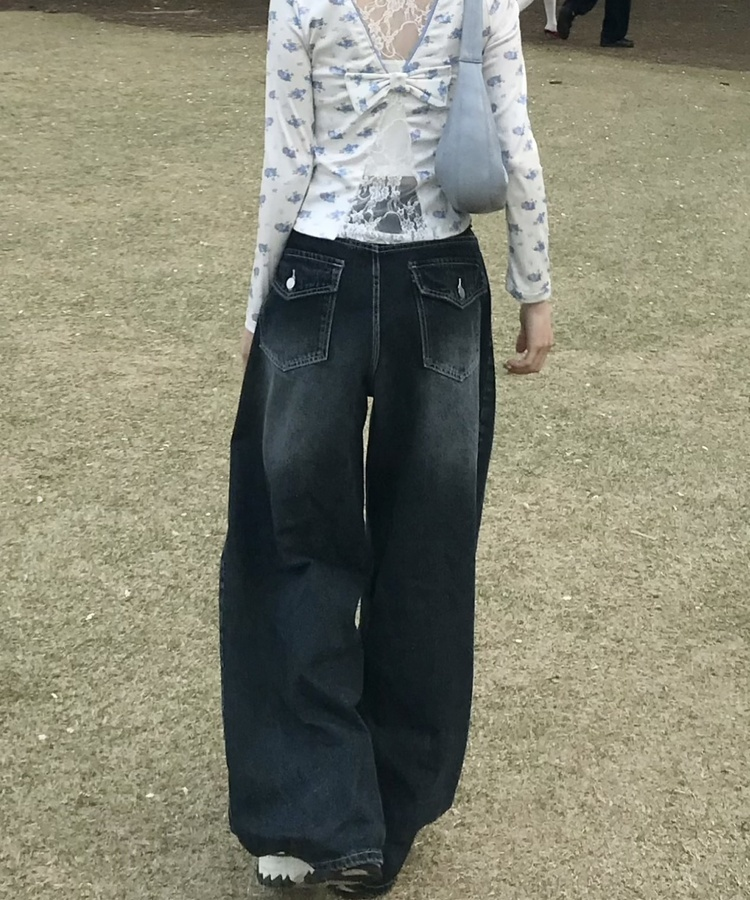 허리 비죠 핀턱 벌룬 데님 팬츠 진청