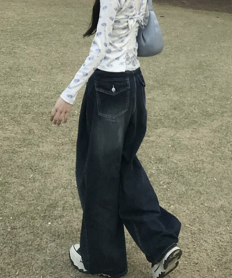 허리 비죠 핀턱 벌룬 데님 팬츠 진청