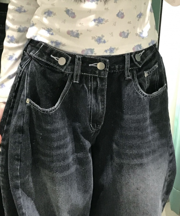 허리 비죠 핀턱 벌룬 데님 팬츠 진청