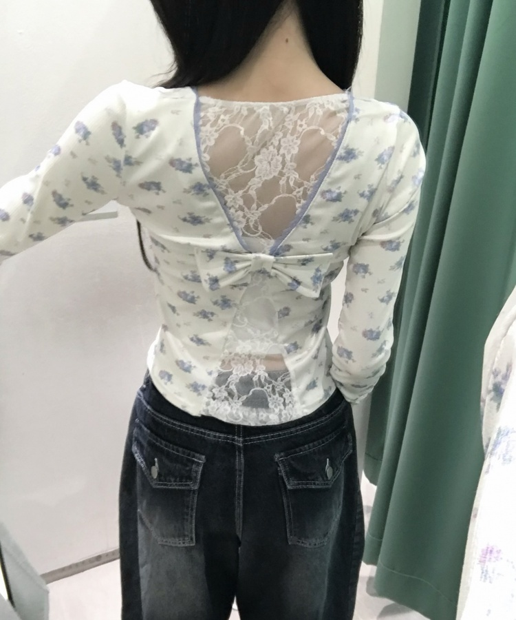 フラワーバックリボンレース長袖Ｔシャツ SKY BLUE