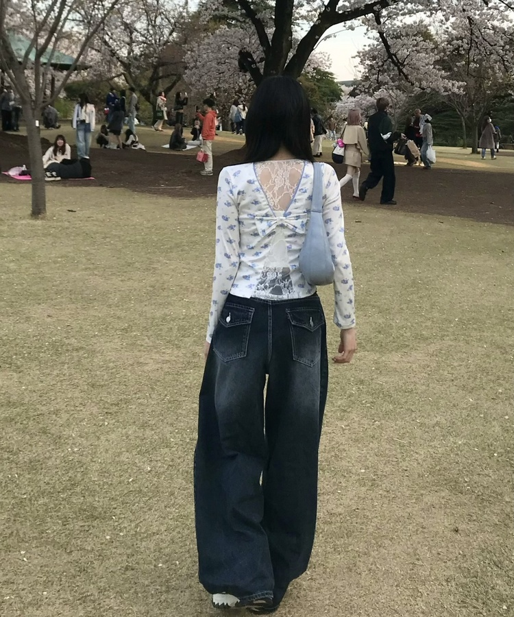 フラワーバックリボンレース長袖Ｔシャツ SKY BLUE