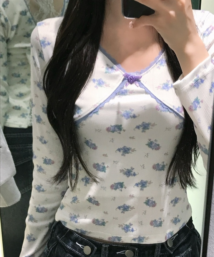フラワーバックリボンレース長袖Ｔシャツ SKY BLUE