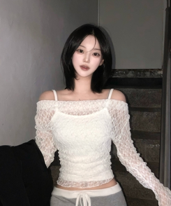 【SET】レースメッシュドレープオフショルダー キャミソール IVORY