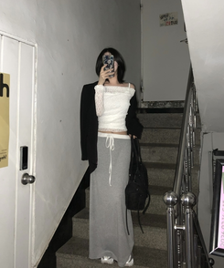 【SET】レースメッシュドレープオフショルダー キャミソール IVORY