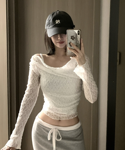 【SET】レースメッシュドレープオフショルダー キャミソール IVORY