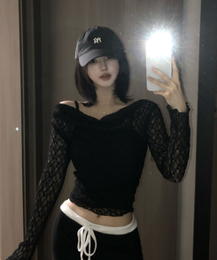 【SET】レースメッシュドレープオフショルダー キャミソール BLACK