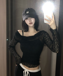 【SET】レースメッシュドレープオフショルダー キャミソール BLACK