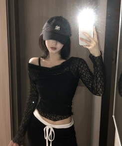 【SET】レースメッシュドレープオフショルダー キャミソール BLACK