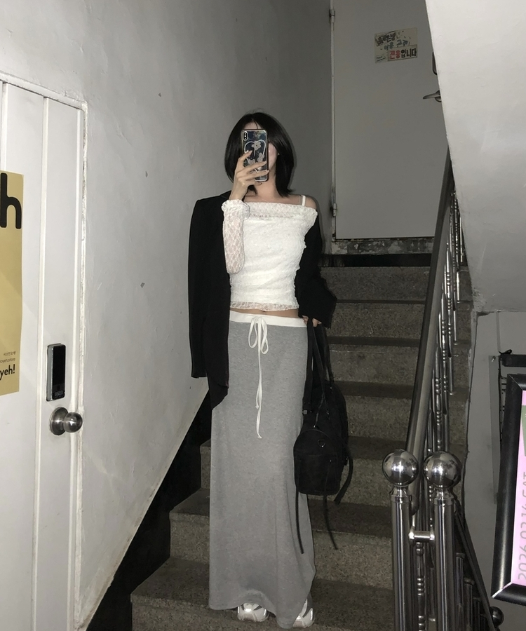 【SET】レースメッシュドレープオフショルダー キャミソール IVORY