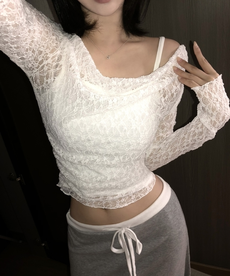 【SET】レースメッシュドレープオフショルダー キャミソール IVORY