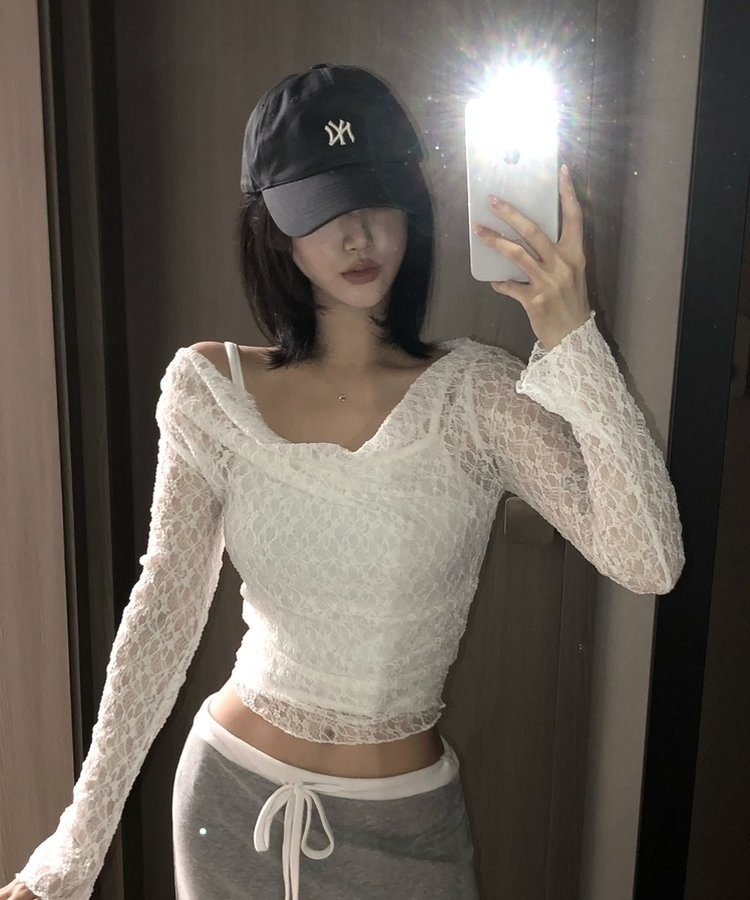 【SET】レースメッシュドレープオフショルダー キャミソール IVORY