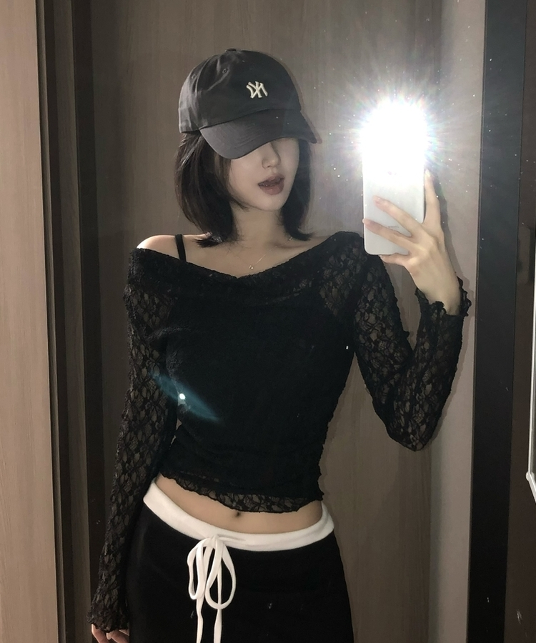 【SET】レースメッシュドレープオフショルダー キャミソール BLACK