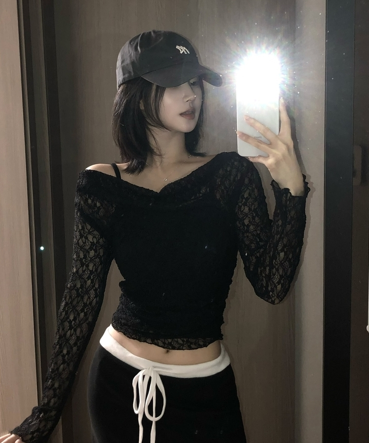 【SET】レースメッシュドレープオフショルダー キャミソール BLACK