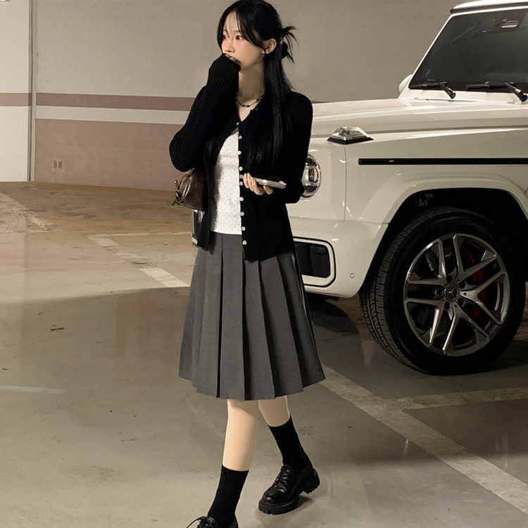 【ベルト付き】プレッピープリーツミディスカート CHARCOAL