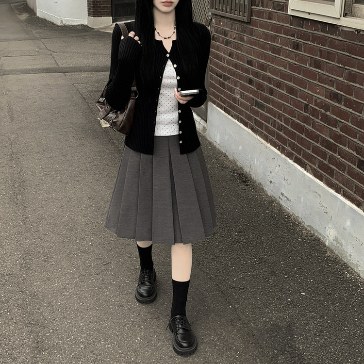 【ベルト付き】プレッピープリーツミディスカート CHARCOAL