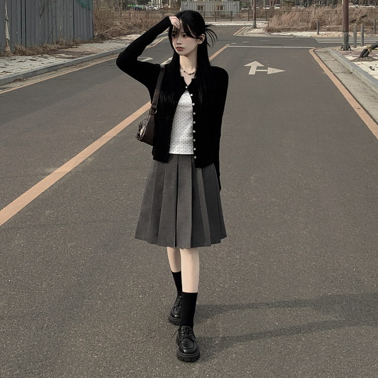 【ベルト付き】プレッピープリーツミディスカート CHARCOAL