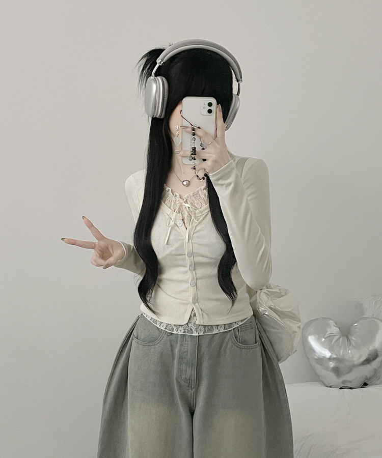 밀크티레이스리본레이어드긴팔가디건 베이지