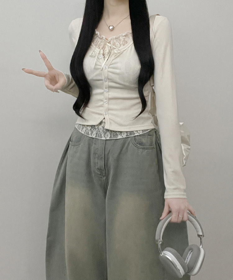 밀크티레이스리본레이어드긴팔가디건 베이지