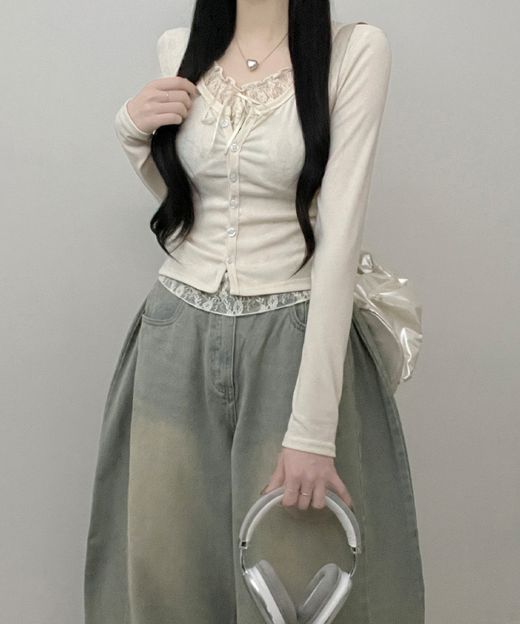 밀크티레이스리본레이어드긴팔가디건 베이지