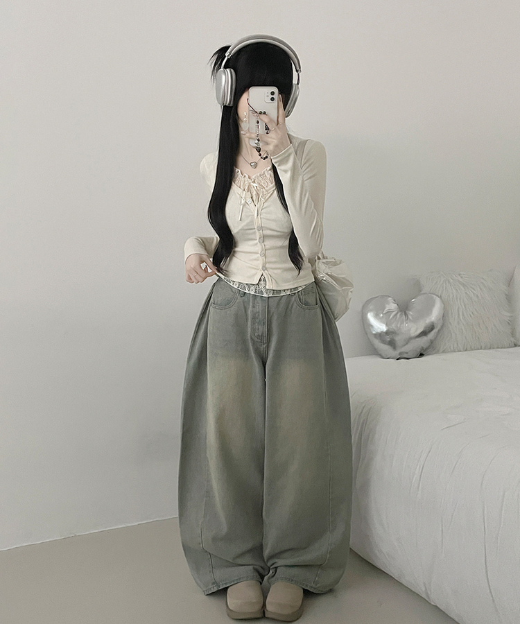 밀크티레이스리본레이어드긴팔가디건 베이지