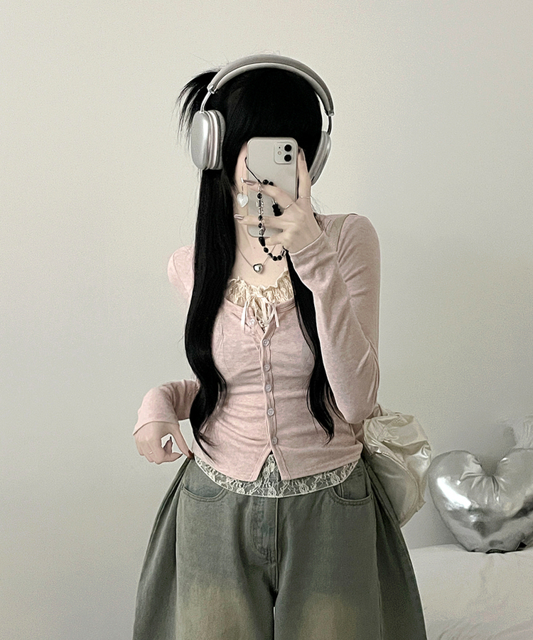 밀크티레이스리본레이어드긴팔가디건 핑크