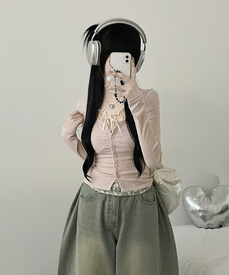 밀크티레이스리본레이어드긴팔가디건 핑크